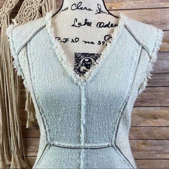 Rebecca Taylor | Frayed Leather Zipper Trim Textured Tweed Combo Midi Dress - Picture 3 of 10